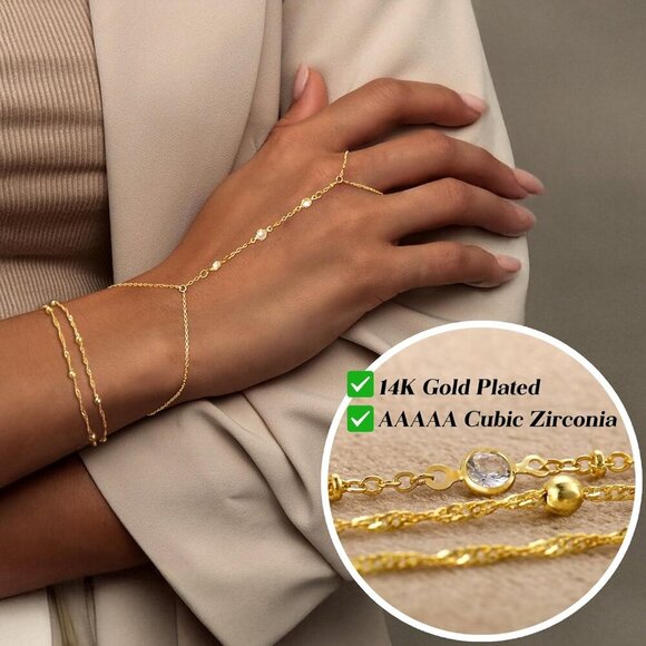 Gold Hand Chain Bracelets for Women 14k Gold Plated Adjustable 2 Pcs - Picture 6 of 9